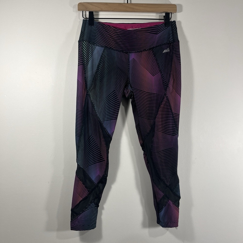 Avia Geometric Striped Black Sheer‎ Cutout Athletic Capri Leggings Women's Small